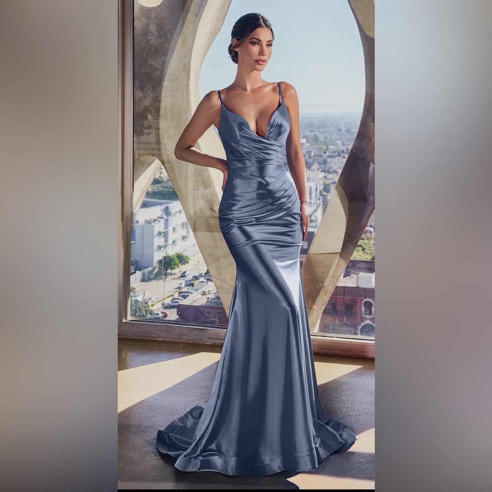 Fitted stretch satin prom dress(smoky blue)